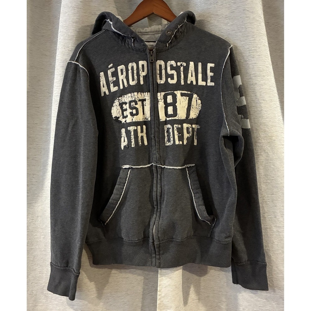 Vintage Y2K Aeropostale Gray Skater ZipUp Hoodie Sz Large Distressed